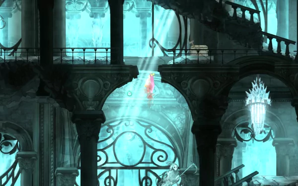 HD desktop wallpaper featuring a whimsical scene from the game Child of Light, with an ethereal palace and the game's protagonist.