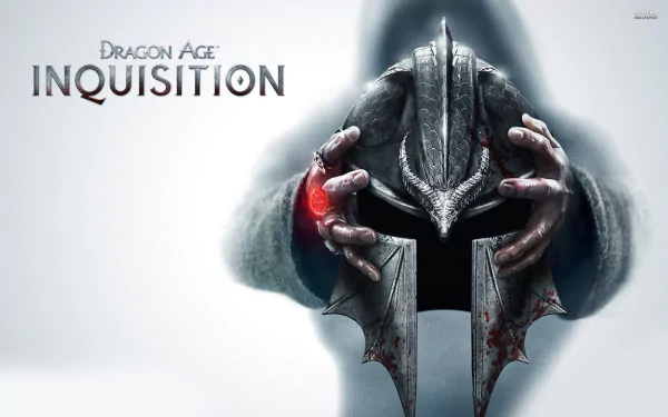 A dramatic HD wallpaper from Dragon Age: Inquisition, featuring a figure cloaked in shadow, holding a blood-stained helmet, evoking the game's dark fantasy atmosphere.