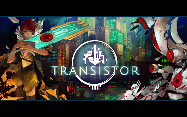 HD desktop wallpaper featuring artwork from the game Transistor, with a character holding a large sword set against a vibrant, futuristic cityscape.