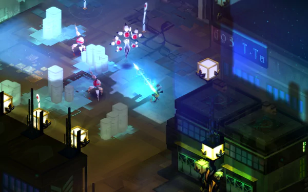 HD desktop wallpaper depicting a scene from the game Transistor, showcasing character combat on a dimly lit, futuristic cityscape.