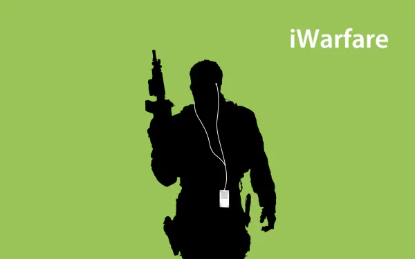 Silhouette of a warrior holding a rifle with white earphones connected to an iPod, set against a green background with the text iWarfare in the corner.