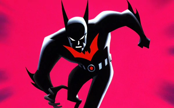 HD PC desktop wallpaper featuring Batman Beyond from the TV show, depicted in a dynamic pose against a vibrant red background.
