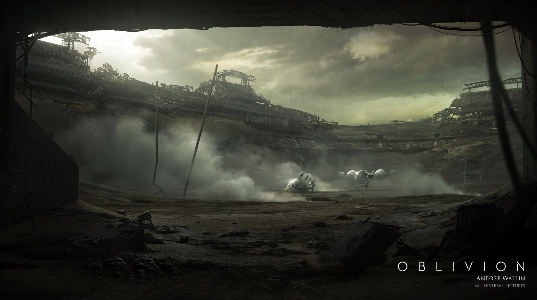 HD PC desktop wallpaper and background from the movie Oblivion (2013): desolate futuristic landscape with crashed structures, fog, and patrol drones under a moody green-gray sky.