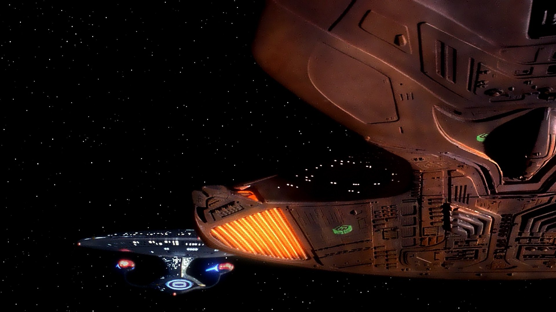 HD PC desktop wallpaper of the USS Enterprise‑D from the TV show Star Trek: The Next Generation — close-up of the saucer and engineering hull against a starfield
