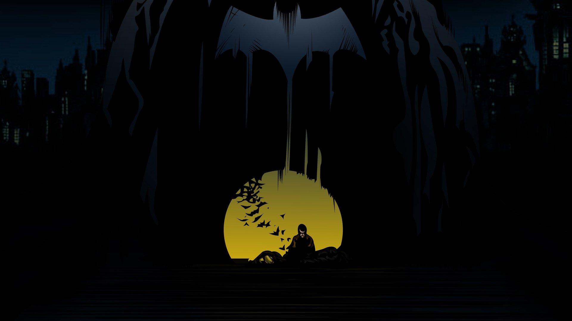 Comic-style Batman silhouette against a glowing yellow moon with bats flying in front, rendered in striking detail for 4K Ultra HD PC desktop wallpaper and background.