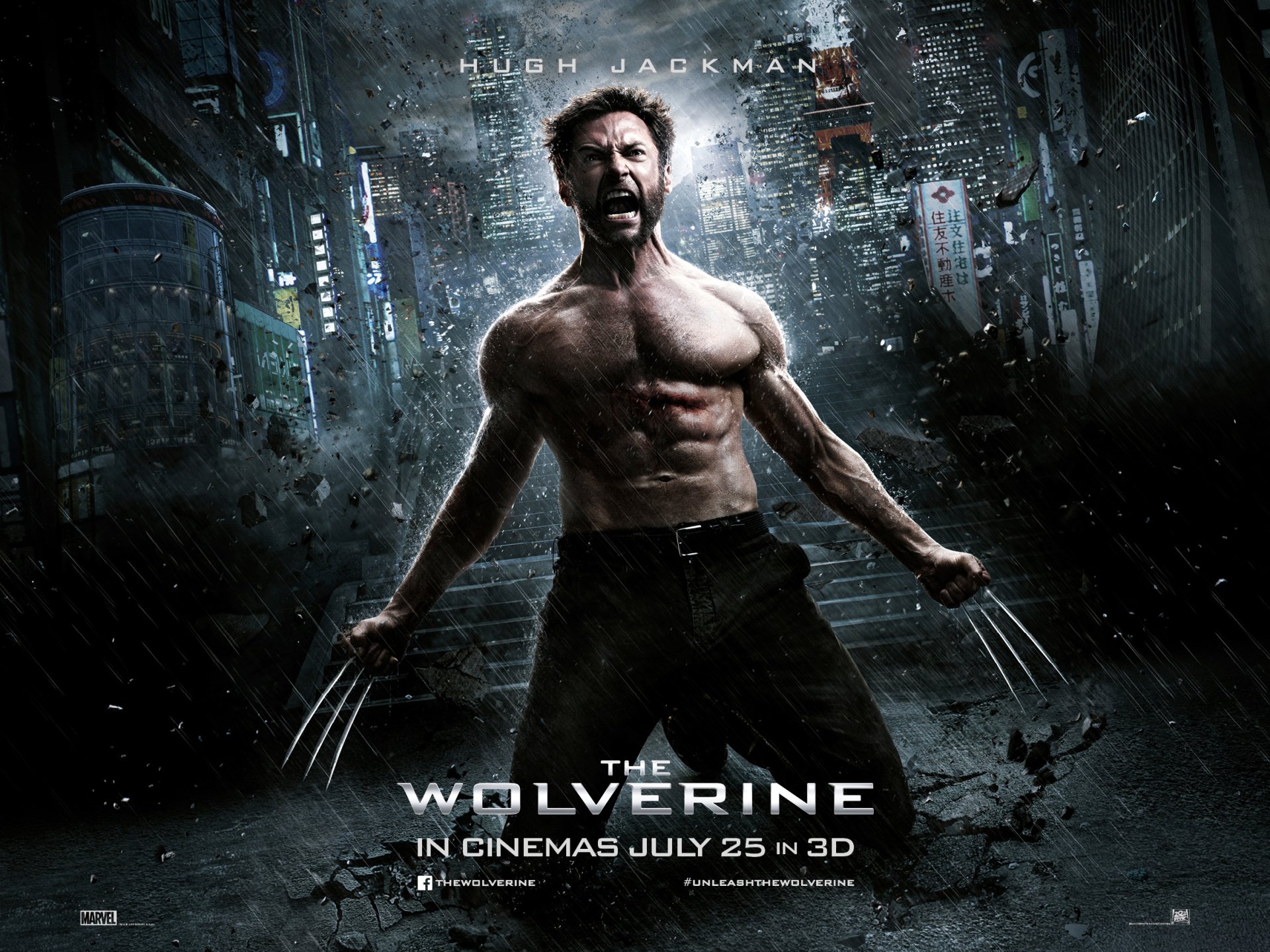 HD PC desktop wallpaper featuring a powerful scene from the movie The Wolverine, showing the character with claws extended against a dark, rainy cityscape.