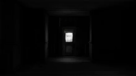 Dark, moody Bioshock (Bioshock Infinite) video game HD PC desktop wallpaper and background: shadowed corridor leading to a distant glowing doorway.