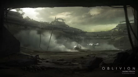 HD PC desktop wallpaper and background from the movie Oblivion (2013): desolate futuristic landscape with crashed structures, fog, and patrol drones under a moody green-gray sky.