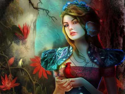 HD fantasy PC desktop wallpaper of a mysterious woman with vibrant flowers and ethereal blue-green lighting in a magical forest setting.