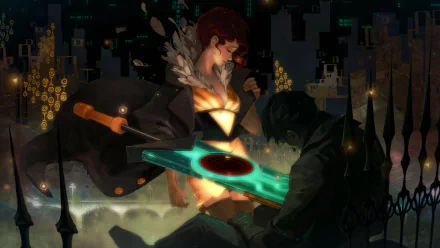 HD PC desktop wallpaper featuring a stylized scene from the video game Transistor, showcasing its iconic glowing sword and characters in a futuristic cityscape.