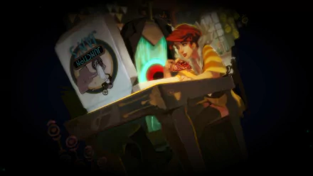 A vibrant HD wallpaper from the video game Transistor, featuring a character at a table, immersed in a colorful, futuristic environment.