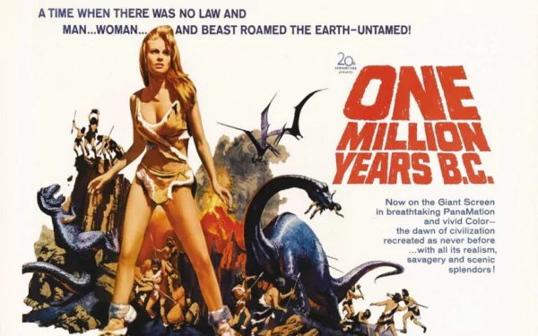 HD PC desktop wallpaper: poster for the movie One Million Years B.C., showing a cavewoman in fur clothing standing amid attacking dinosaurs and flying pterosaurs.