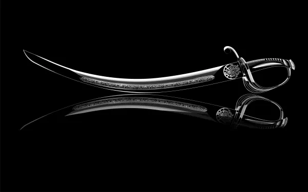 A sleek, man-made sword with an elegantly curved blade and intricate details, set against a black background, creating a striking HD desktop wallpaper.