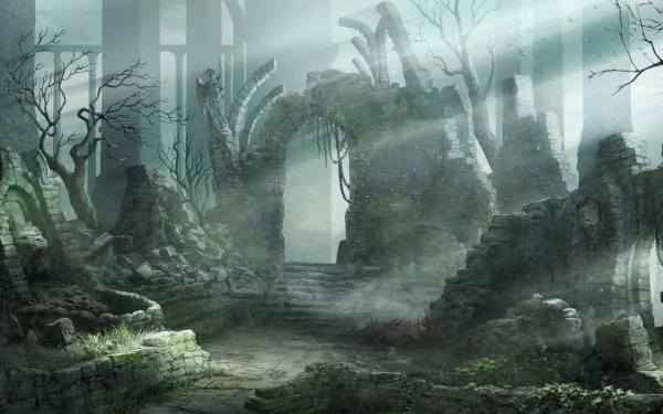 HD PC desktop wallpaper featuring a misty, ruined landscape from the video game Demon's Souls, with ancient stone arches and a dark, eerie atmosphere.