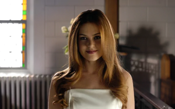 HD desktop wallpaper featuring Australian actress and celebrity Isla Fisher in a softly lit indoor setting.