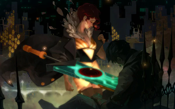 HD PC desktop wallpaper featuring a stylized scene from the video game Transistor, showcasing its iconic glowing sword and characters in a futuristic cityscape.