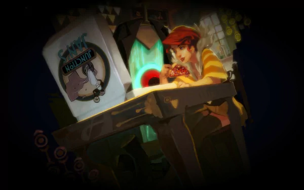 A vibrant HD wallpaper from the video game Transistor, featuring a character at a table, immersed in a colorful, futuristic environment.