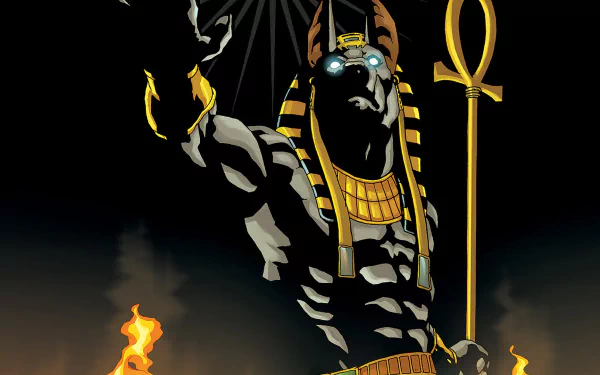 Anubis stands powerful in a dark setting, hand raised, embodying themes from the God Is Dead comics. This HD desktop wallpaper features striking colors and intense imagery.