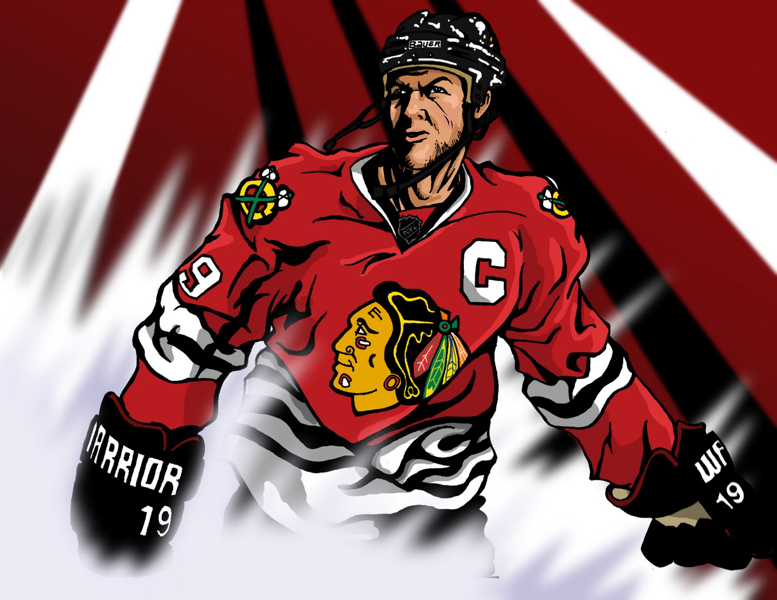 HD desktop wallpaper featuring an illustrated Chicago Blackhawks hockey player with a dynamic red and white background.