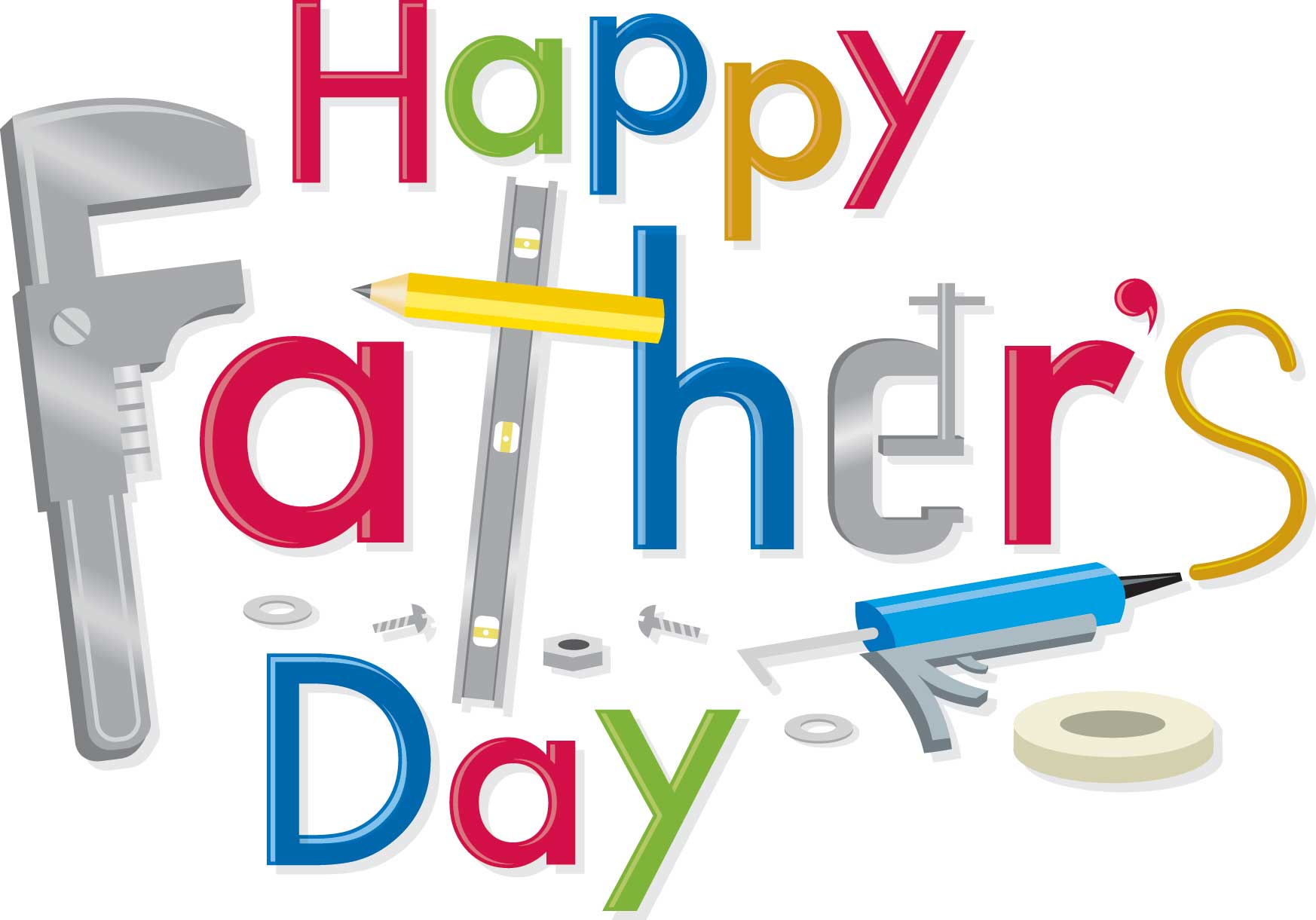 HD desktop wallpaper for Father's Day featuring colorful text and assorted tools like a hammer and screwdriver.