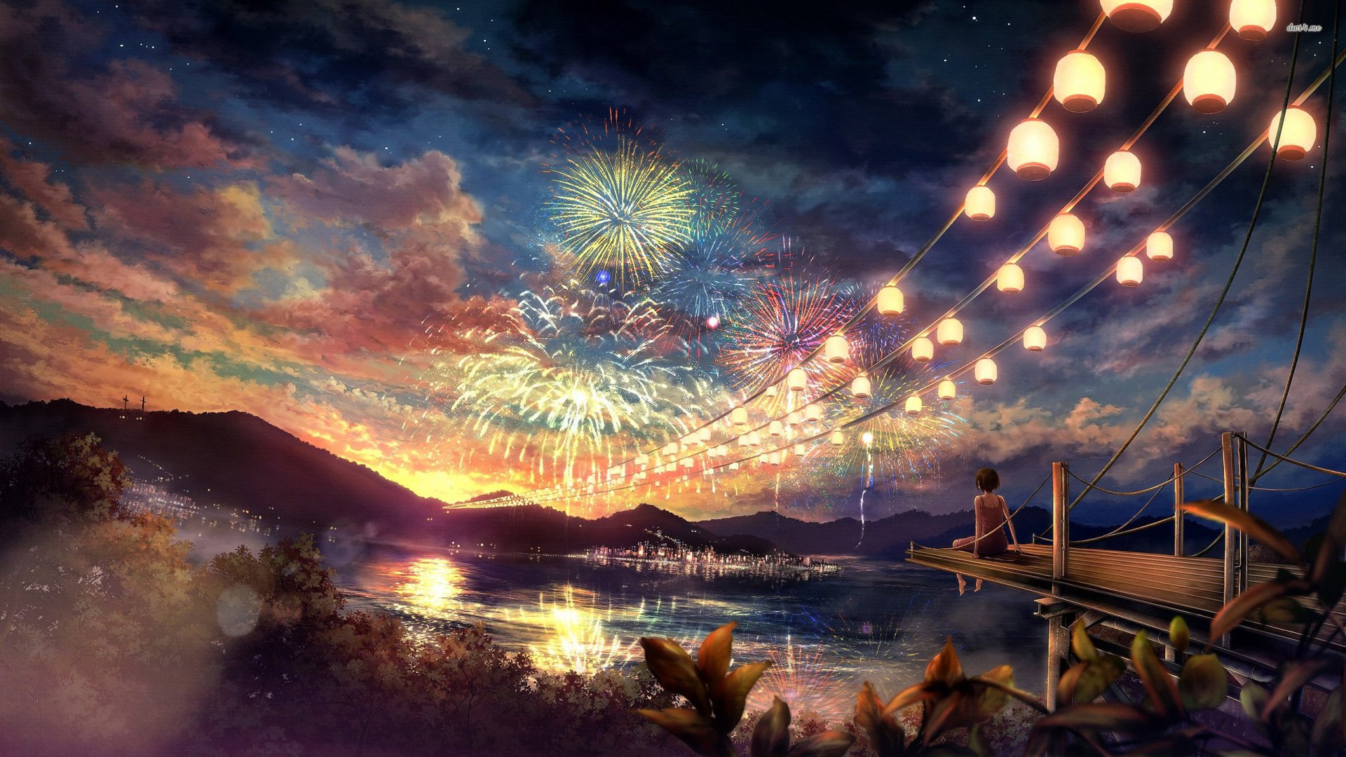 A serene anime scene featuring a woman sitting on a dock, enjoying a vibrant fireworks display at dusk, with lanterns illuminating the landscape and reflecting on the water.