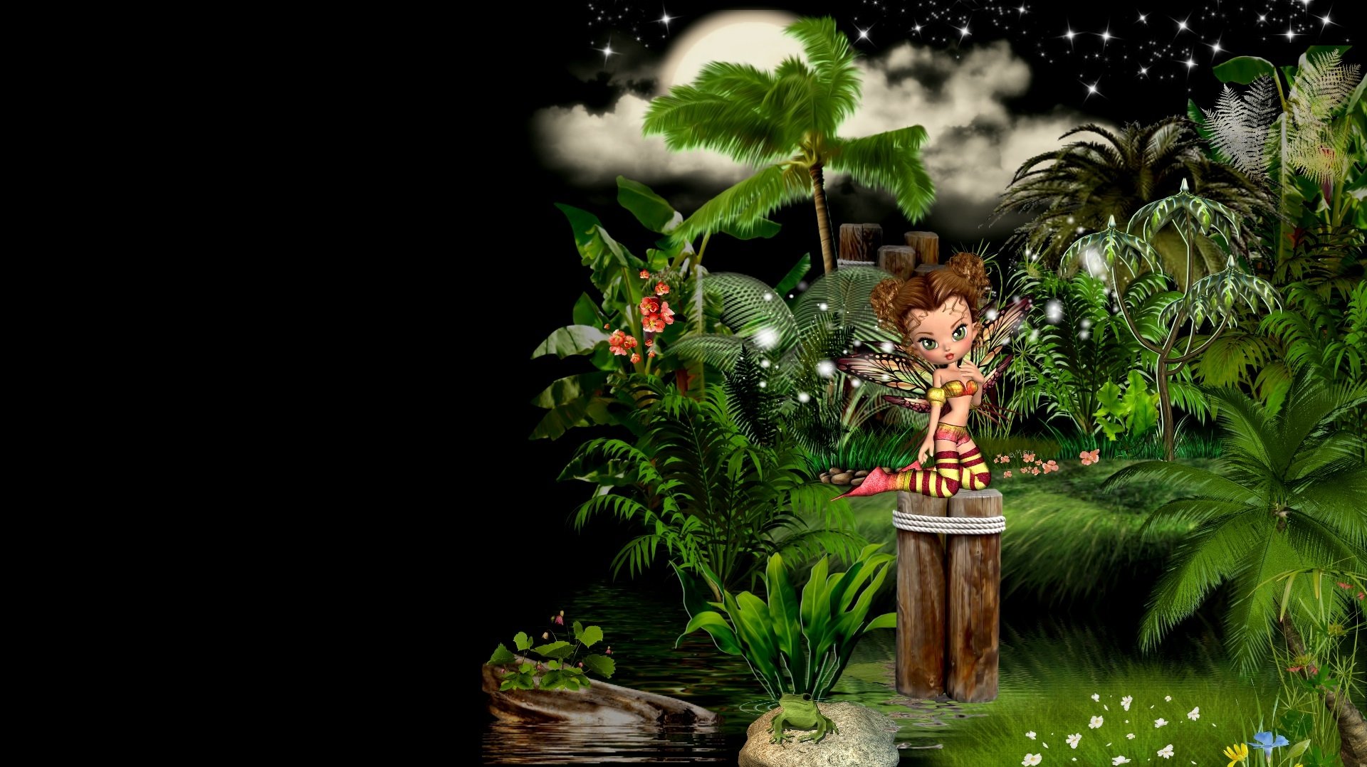 A charming fairy stands on a wooden post amidst a vibrant jungle, illuminated by a full moon reflecting on the tranquil water, creating a magical fantasy atmosphere.
