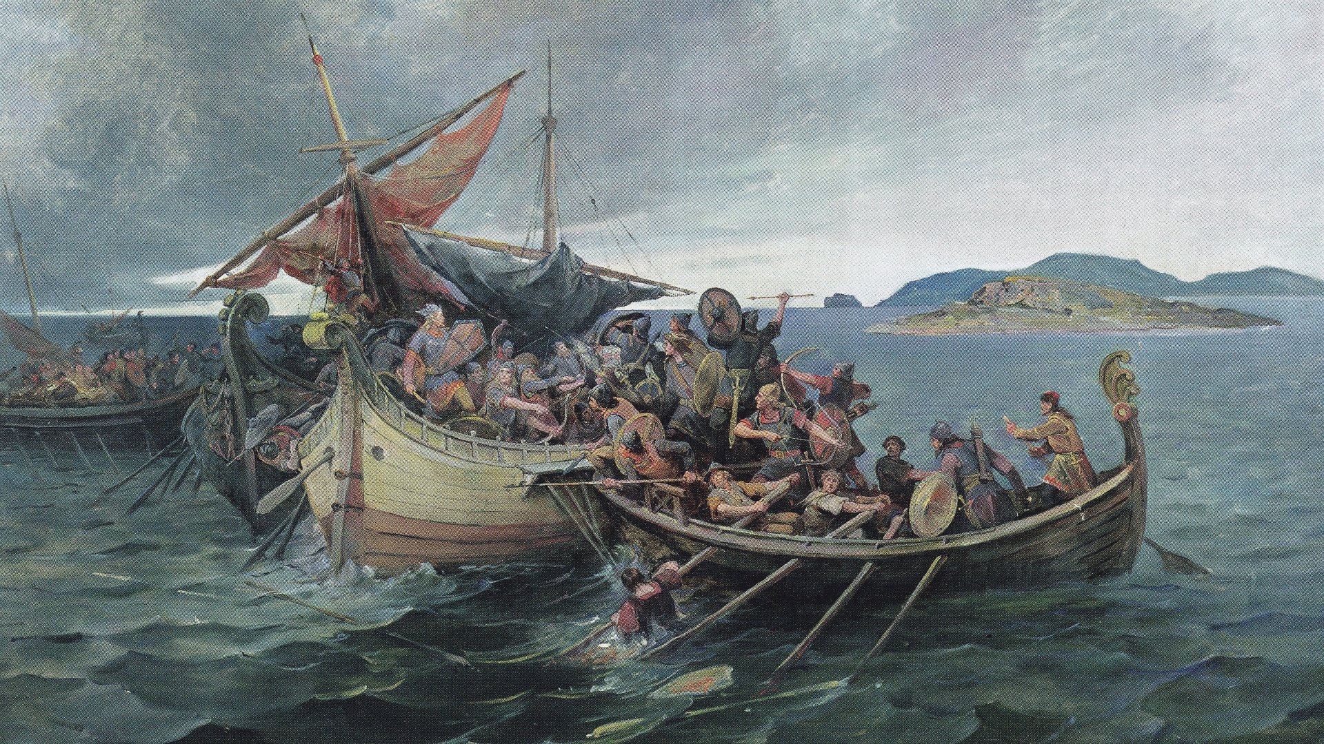 Artistic painting of ancient warriors boarding ships on turbulent waters, rendered in 4K Ultra HD as a detailed PC desktop wallpaper and background.