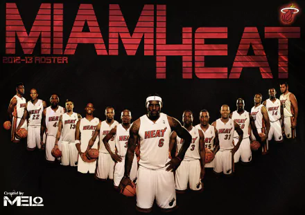 Miami Heat 2012-13 roster HD wallpaper featuring players in white uniforms posing on a dark background with the team's logo.