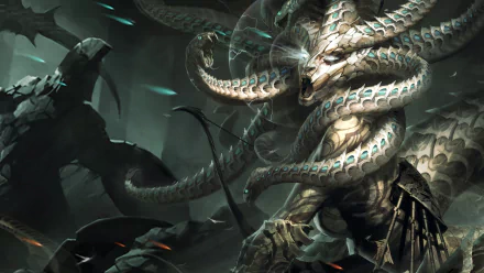 A striking HD fantasy wallpaper featuring Medusa, with serpentine hair and a dramatic, shadowy background that enhances her powerful presence.