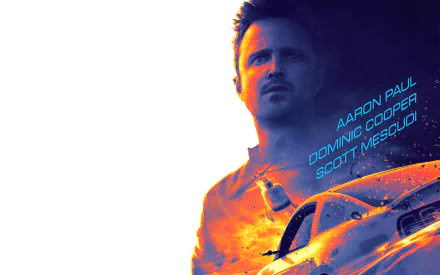 HD desktop wallpaper featuring Aaron Paul from the movie Need For Speed, showcasing intense colors and action elements from the film.