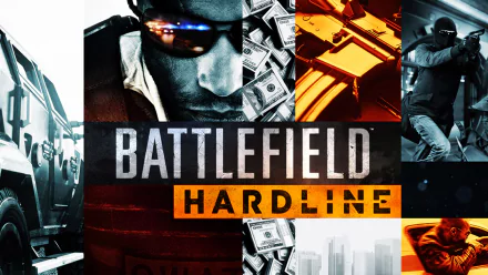 A dynamic HD desktop wallpaper featuring scenes from the video game Battlefield Hardline, showcasing crime elements with striking visuals and rich colors.