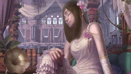 Artistic 4K Ultra HD PC desktop wallpaper: a serene digital portrait of a woman in a white, flower-adorned gown seated in an ornate, overgrown interior.