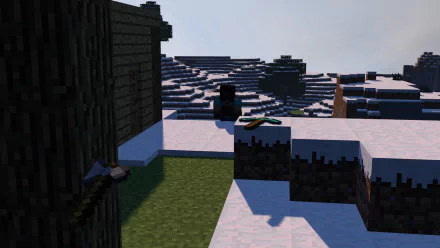Steve from Minecraft stands on a snowy landscape, equipped with a pickaxe, surrounded by a blocky terrain in this HD desktop wallpaper inspired by the popular Mojang video game.