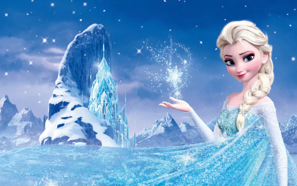 HD desktop wallpaper featuring Elsa from the movie Frozen, dressed in her iconic blue gown, standing in a snowy landscape with an icy castle and mountains in the background.