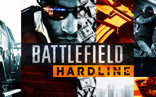 A dynamic HD desktop wallpaper featuring scenes from the video game Battlefield Hardline, showcasing crime elements with striking visuals and rich colors.
