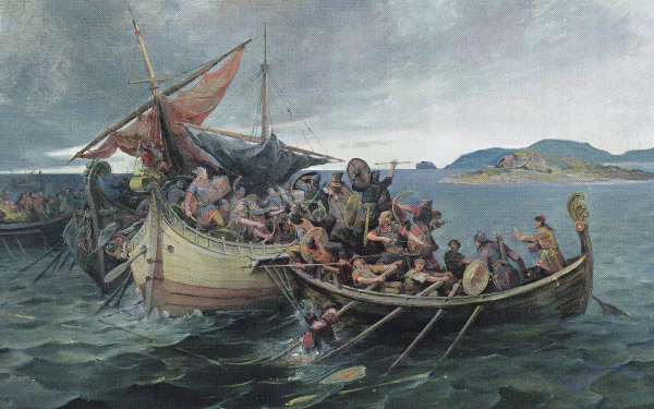 Artistic painting of ancient warriors boarding ships on turbulent waters, rendered in 4K Ultra HD as a detailed PC desktop wallpaper and background.