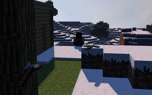 Steve from Minecraft stands on a snowy landscape, equipped with a pickaxe, surrounded by a blocky terrain in this HD desktop wallpaper inspired by the popular Mojang video game.