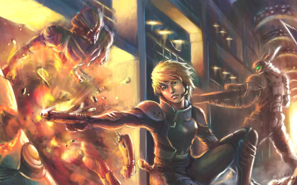 Anime Appleseed 2K Quad HD PC desktop wallpaper: armored heroine fires an energy blast in a neon-lit futuristic street, battling robotic enemies.