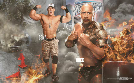 HD WWE sports wallpaper featuring two muscular wrestlers: one flexing against an urban backdrop and the other posing amidst flames. Text overlays read Cena and Rock.