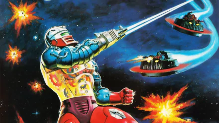 Comic-style HD PC desktop wallpaper of He-Man and the Masters of the Universe: armored hero fires an energy beam at hovering saucer crafts amid starfield explosions.