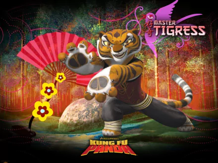 A dynamic HD wallpaper featuring Master Tigress from Kung Fu Panda, showcasing her martial arts prowess against a vibrant forest backdrop with decorative elements.
