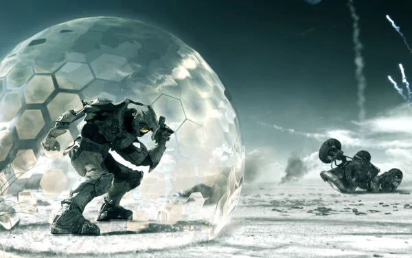 A dynamic HD wallpaper features Master Chief from Halo 3, prepared for battle within a protective bubble, with chaos unfolding in the background.