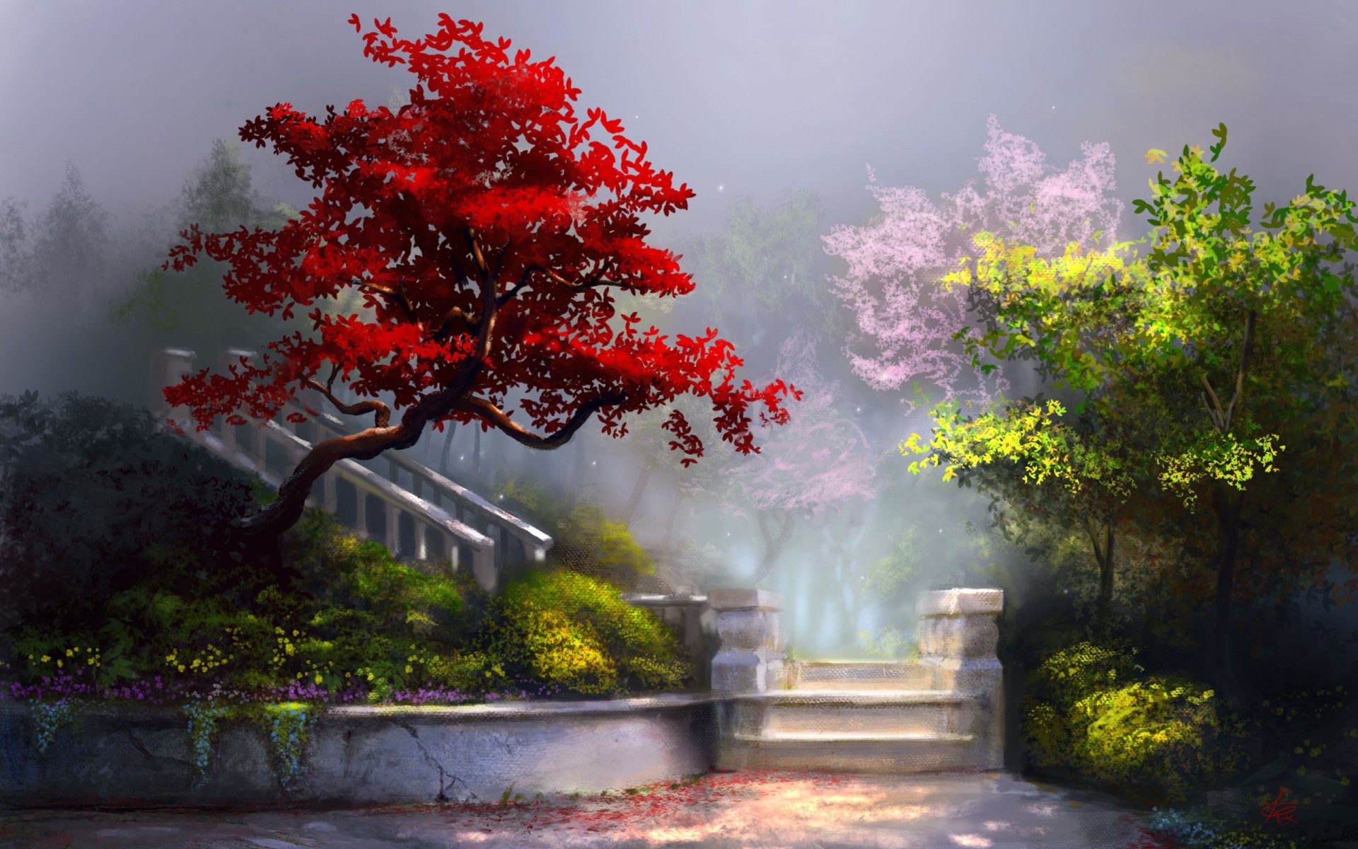 A serene artistic painting featuring a vibrant red tree beside lush greenery, leading up to stone steps, creating a tranquil atmosphere suitable as an HD desktop wallpaper.