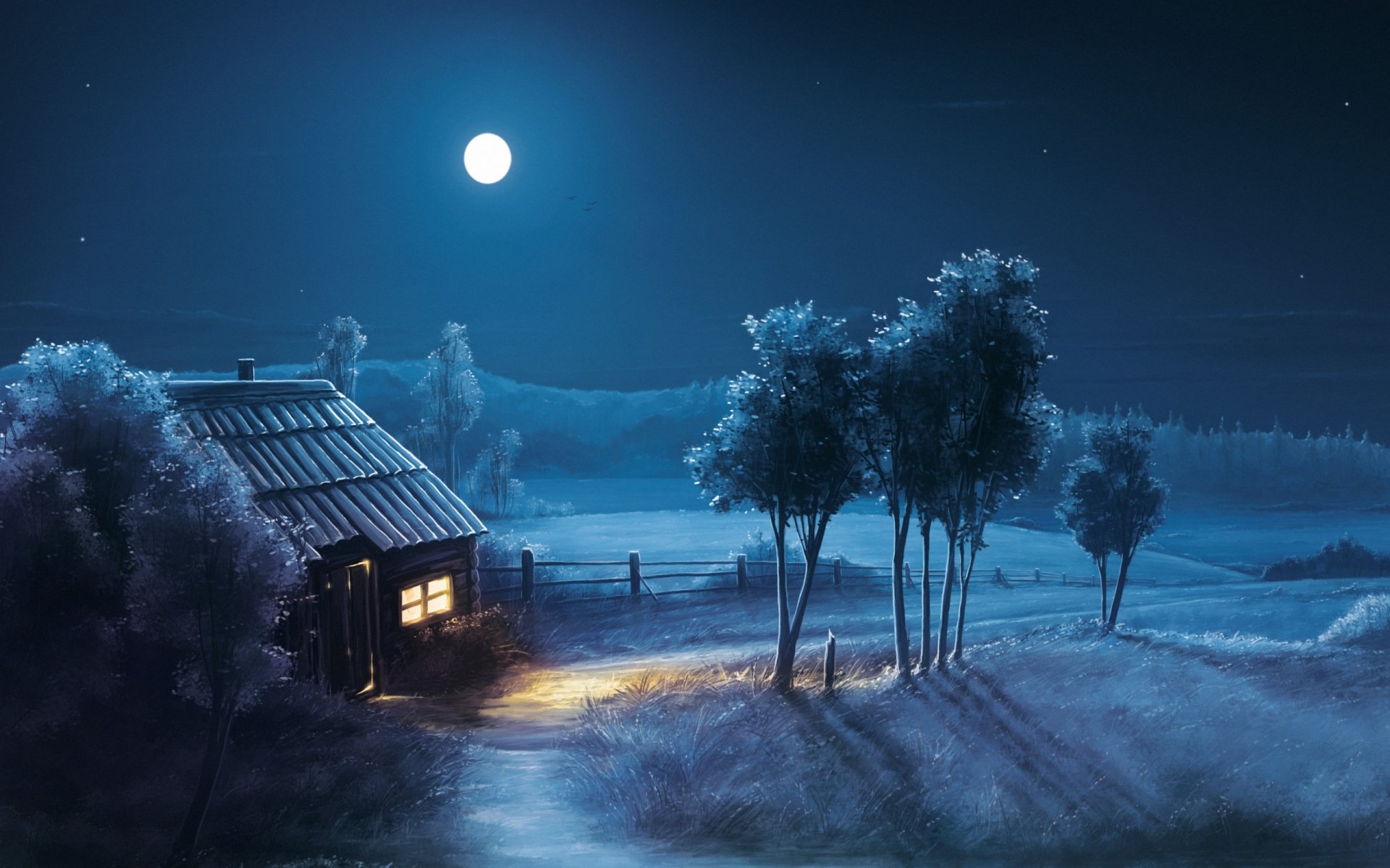 A serene night scene depicts a cozy cottage illuminated by moonlight, surrounded by tranquil trees and fields, making it an enchanting HD desktop wallpaper and background.