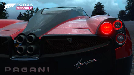 Rear view of a red Pagani Huayra sports car in Forza Horizon 2, featured as a high-definition PC desktop wallpaper and background.