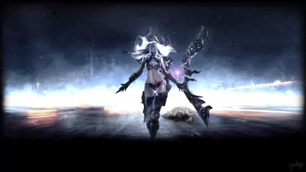HD desktop wallpaper featuring Irelia from League of Legends, depicted in a dynamic, glowing battle stance with a dark, ethereal background.