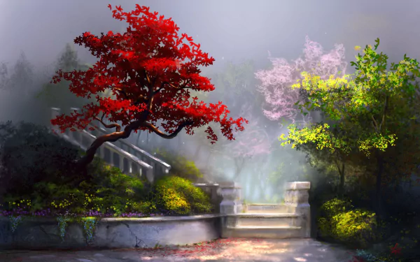 A serene artistic painting featuring a vibrant red tree beside lush greenery, leading up to stone steps, creating a tranquil atmosphere suitable as an HD desktop wallpaper.