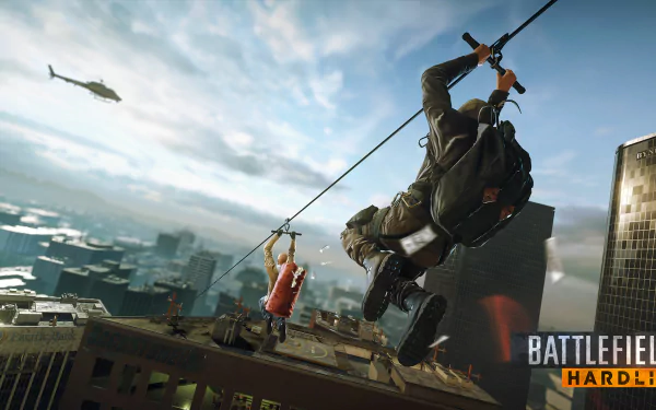 A dynamic scene from Battlefield: Hardline, featuring a character ziplining between skyscrapers with a helicopter above, showcasing the action-packed gameplay in this video game.