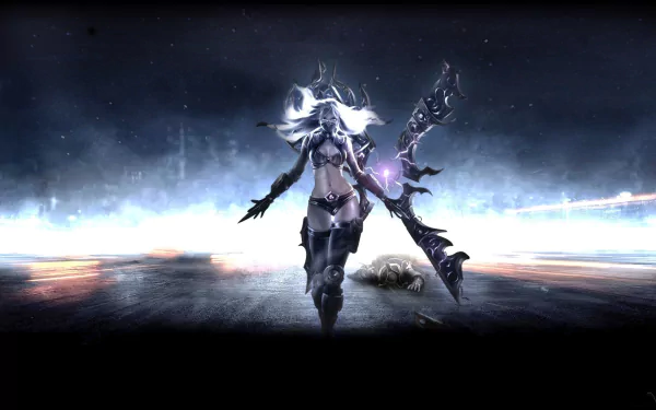 HD desktop wallpaper featuring Irelia from League of Legends, depicted in a dynamic, glowing battle stance with a dark, ethereal background.