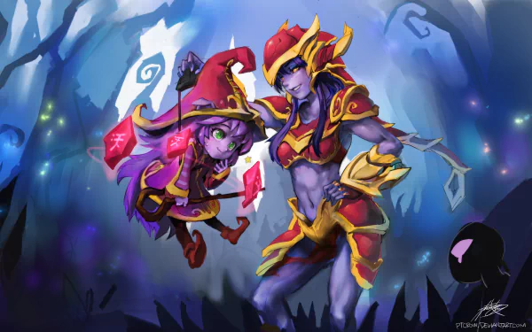 HD PC desktop wallpaper featuring Shyvana and Lulu from League of Legends in a mystical, vibrant video game setting.